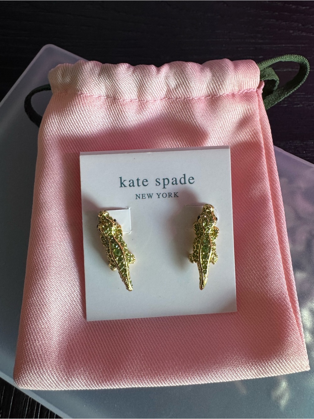 kate spade Gold and Green Alligator Stud Earrings